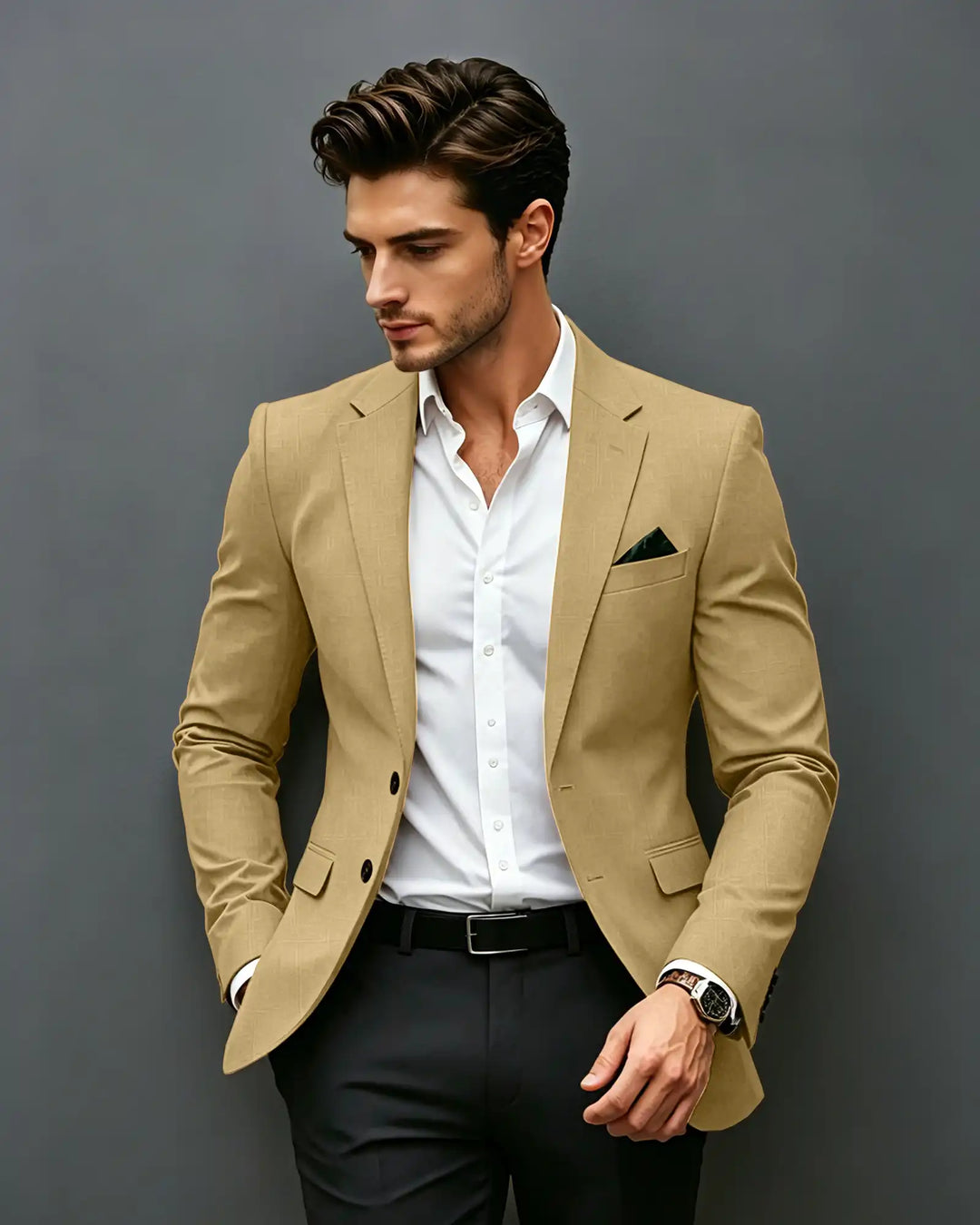 Slim Fit Notch Lapel Single Breasted Blazer -Champagne -1


