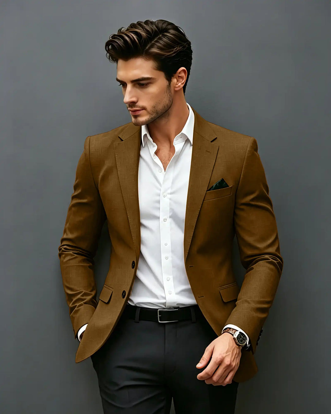 Slim Fit Notch Lapel Single Breasted Blazer -Dark Brown -1

