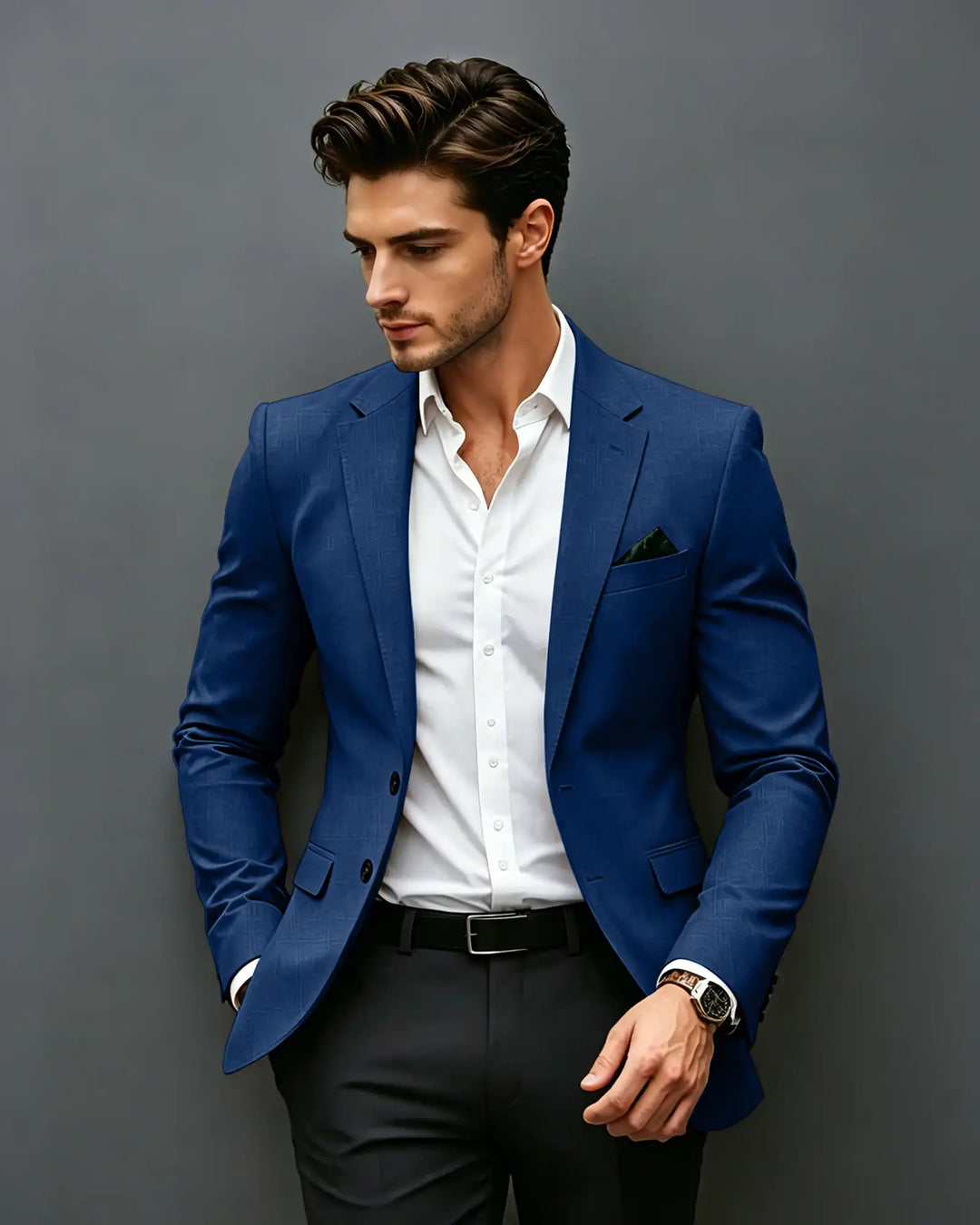 Slim Fit Notch Lapel Single Breasted Blazer-Dark Navy-1
