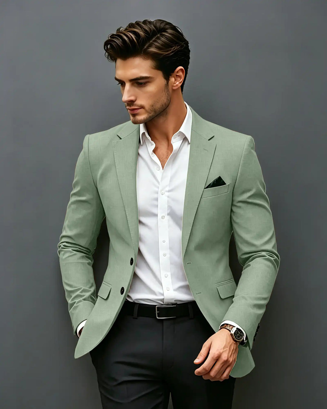 Slim Fit Notch Lapel Single Breasted Blazer -Dusty Sage -1

