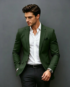 Slim Fit Notch Lapel Single Breasted Blazer -Green -1
