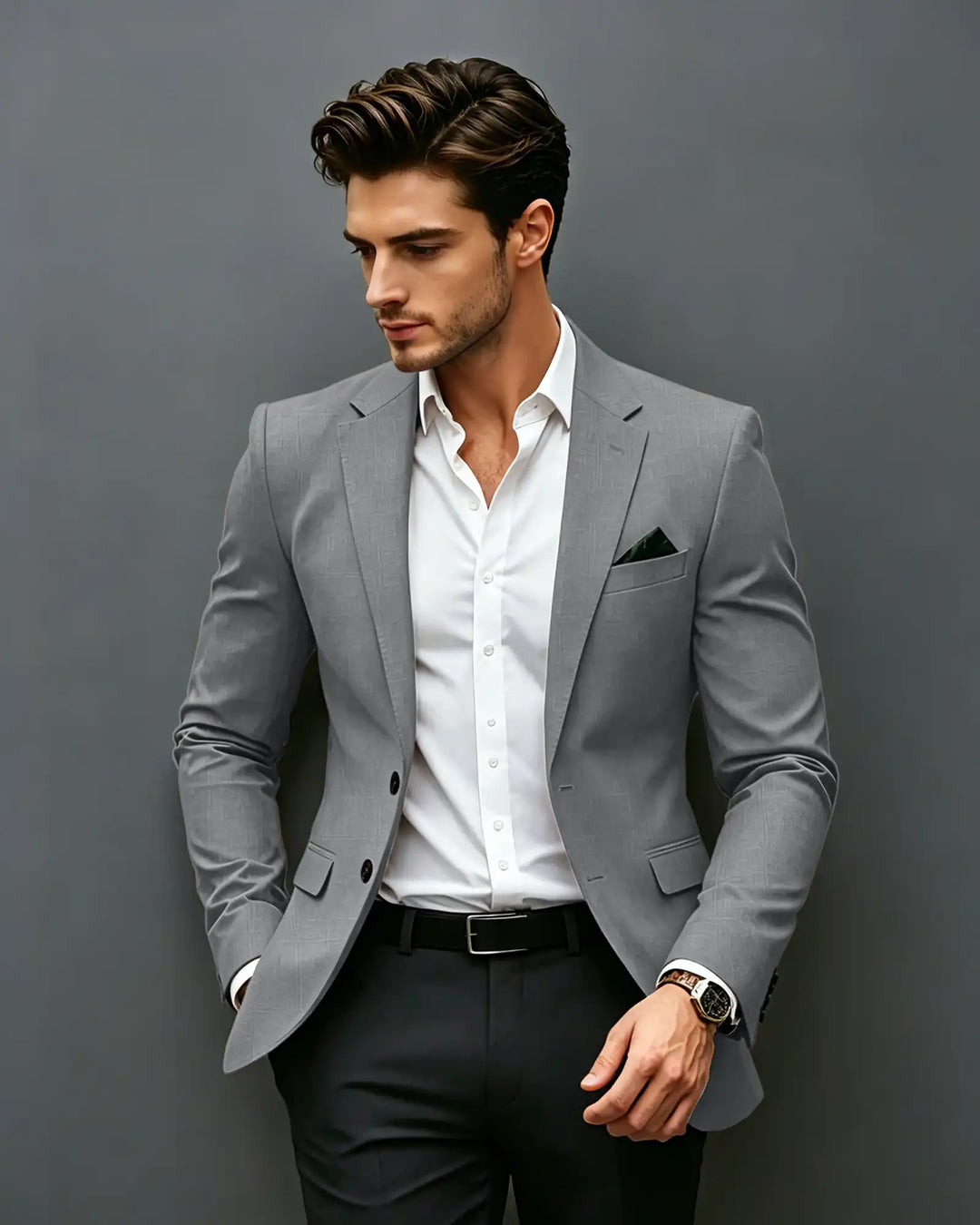 Slim Fit Notch Lapel Single Breasted Blazer -Grey -1
