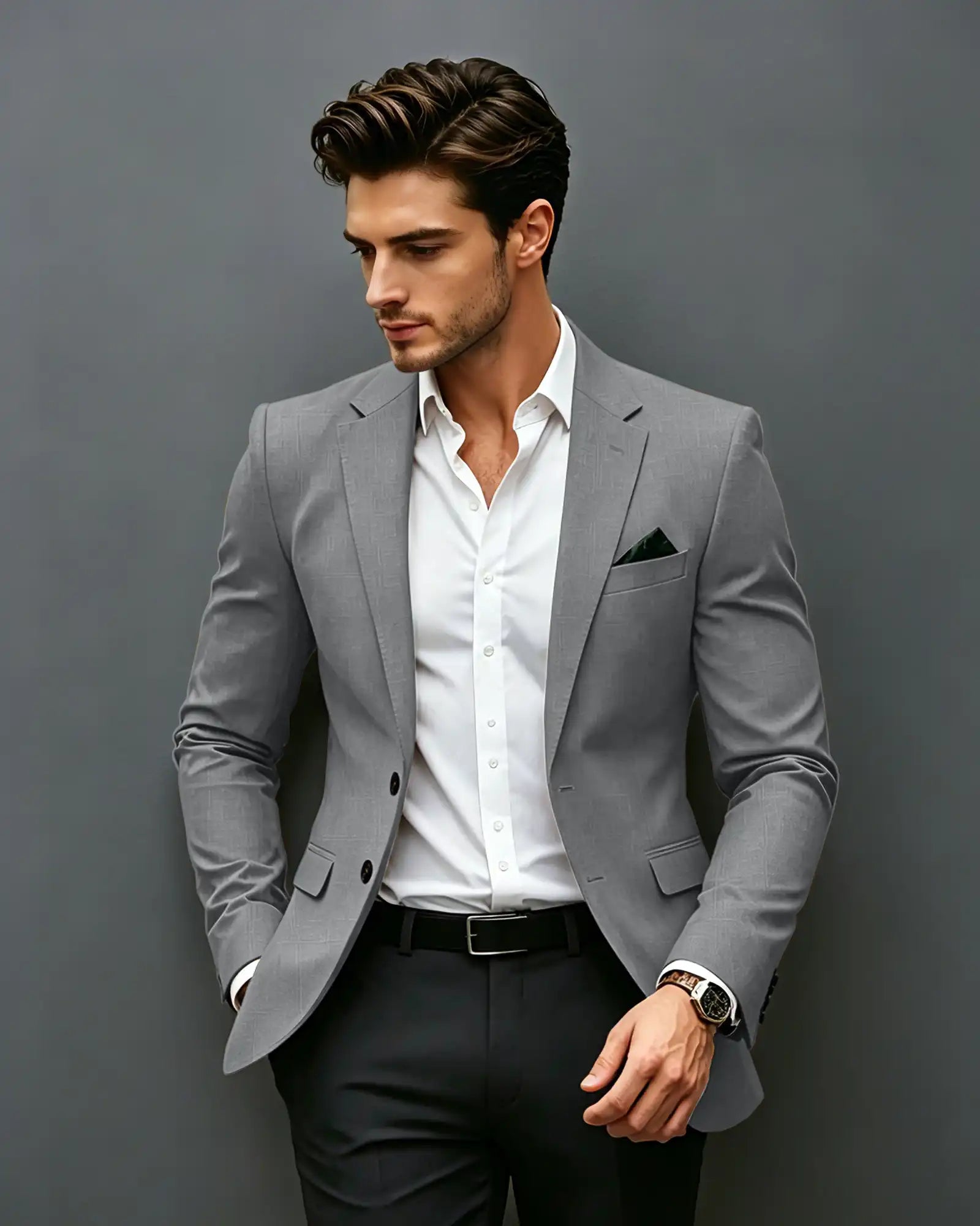 Slim Fit Notch Lapel Single Breasted Blazer -Grey -1
