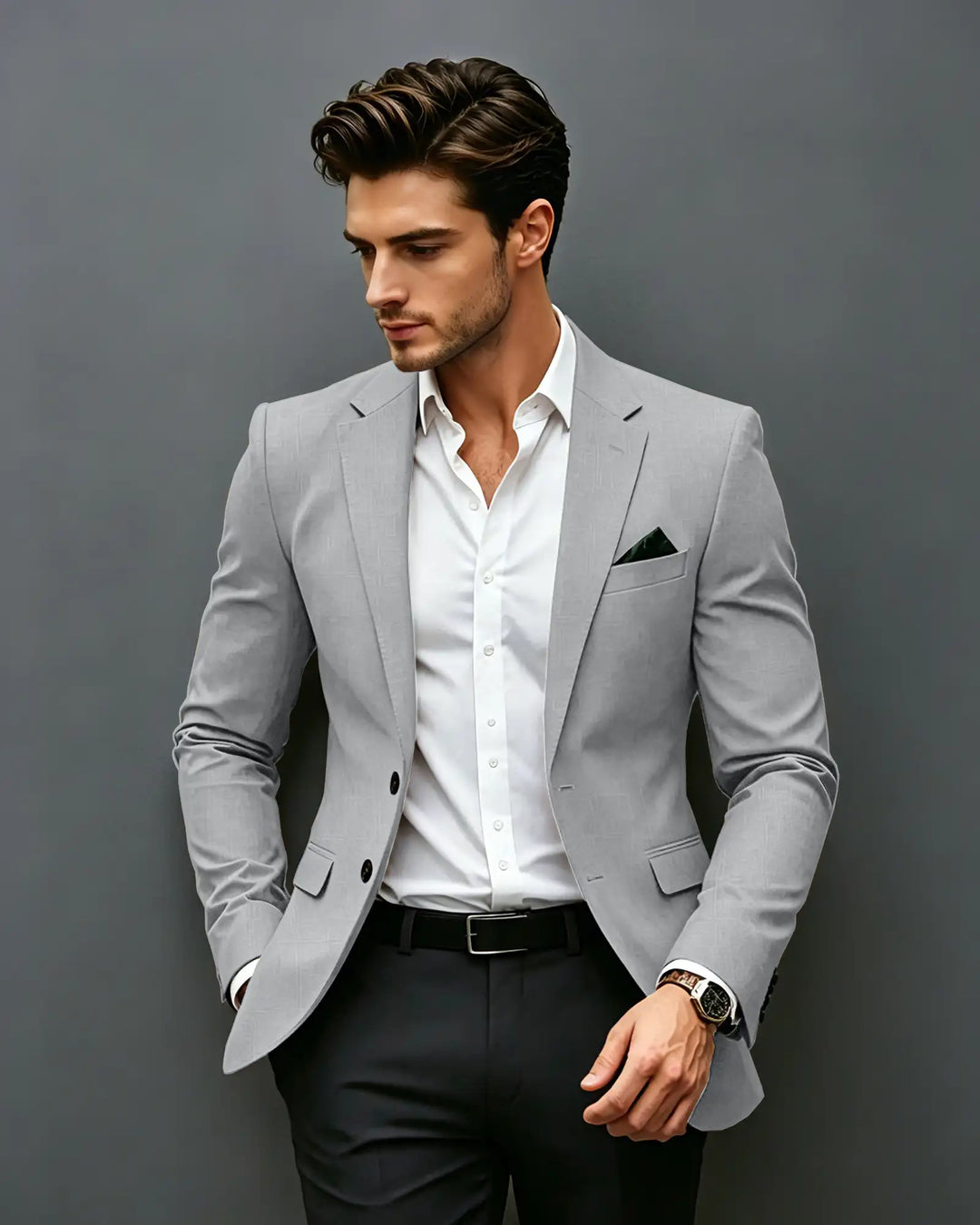 Slim Fit Notch Lapel Single Breasted Blazer-Light Grey-1
