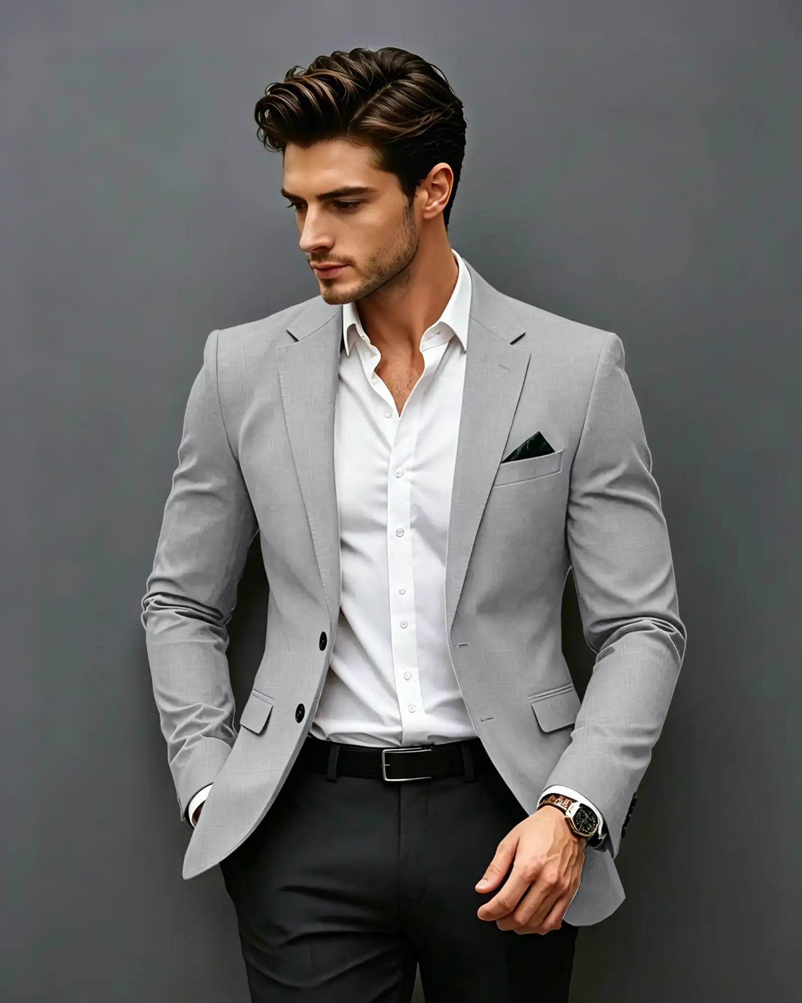 Slim Fit Notch Lapel Single Breasted Blazer-Light Grey-1
