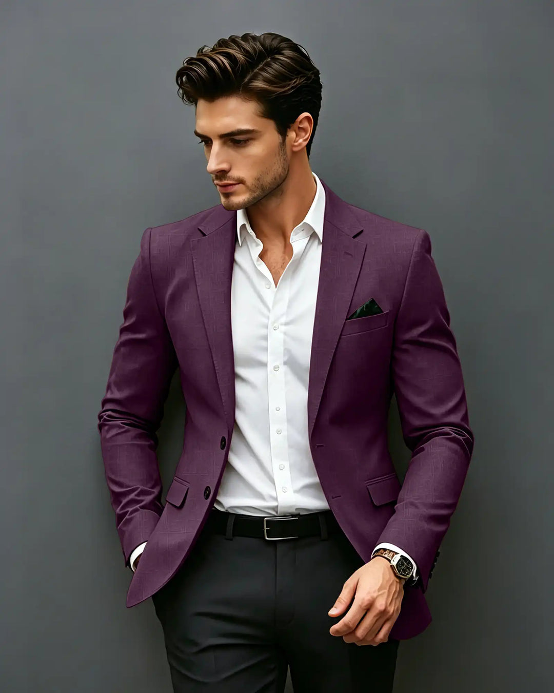 Slim Fit Notch Lapel Single Breasted Blazer -Purple -1
