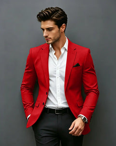 Slim Fit Notch Lapel Single Breasted Blazer -Red -1

