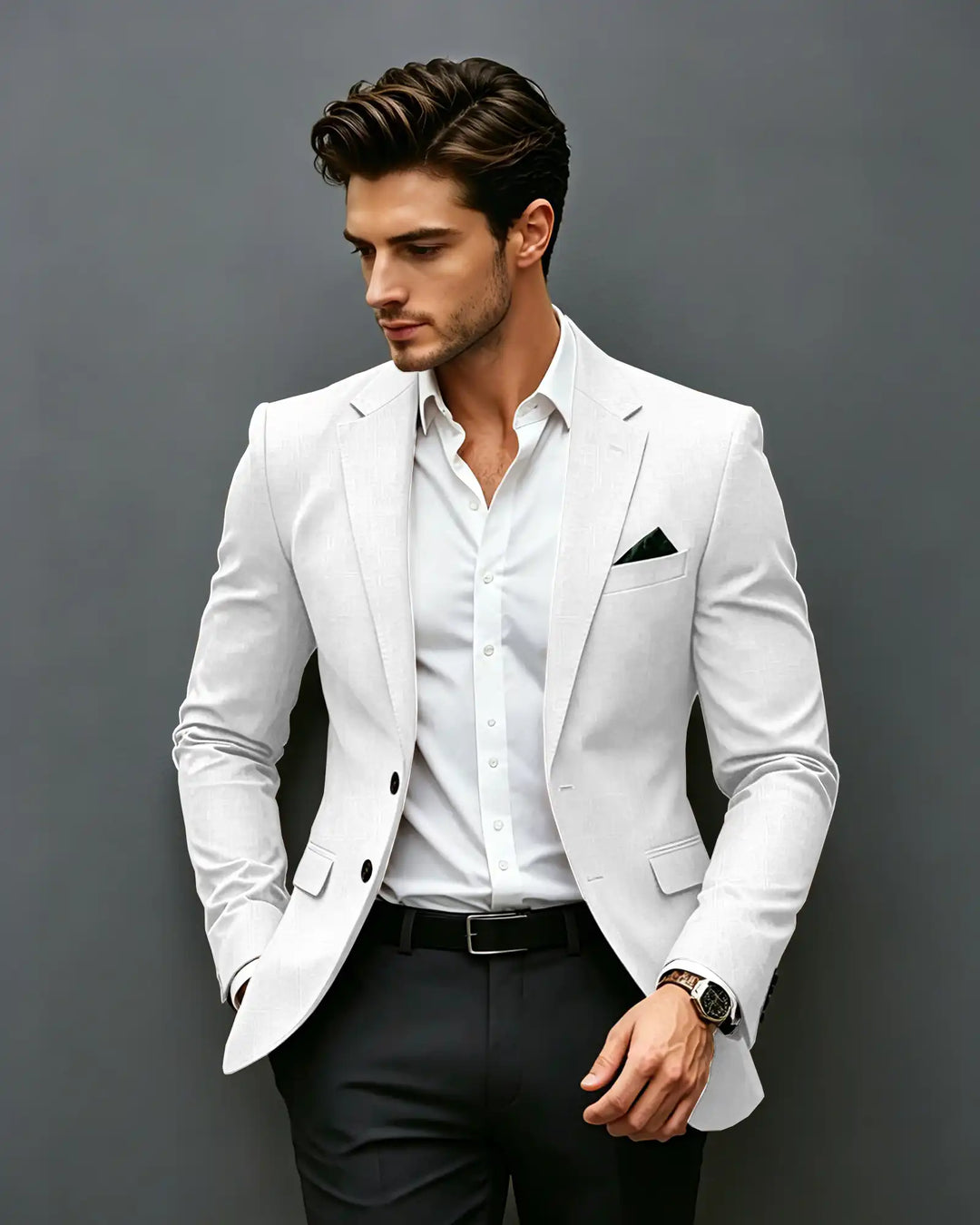 Slim Fit Notch Lapel Single Breasted Blazer -White -1


