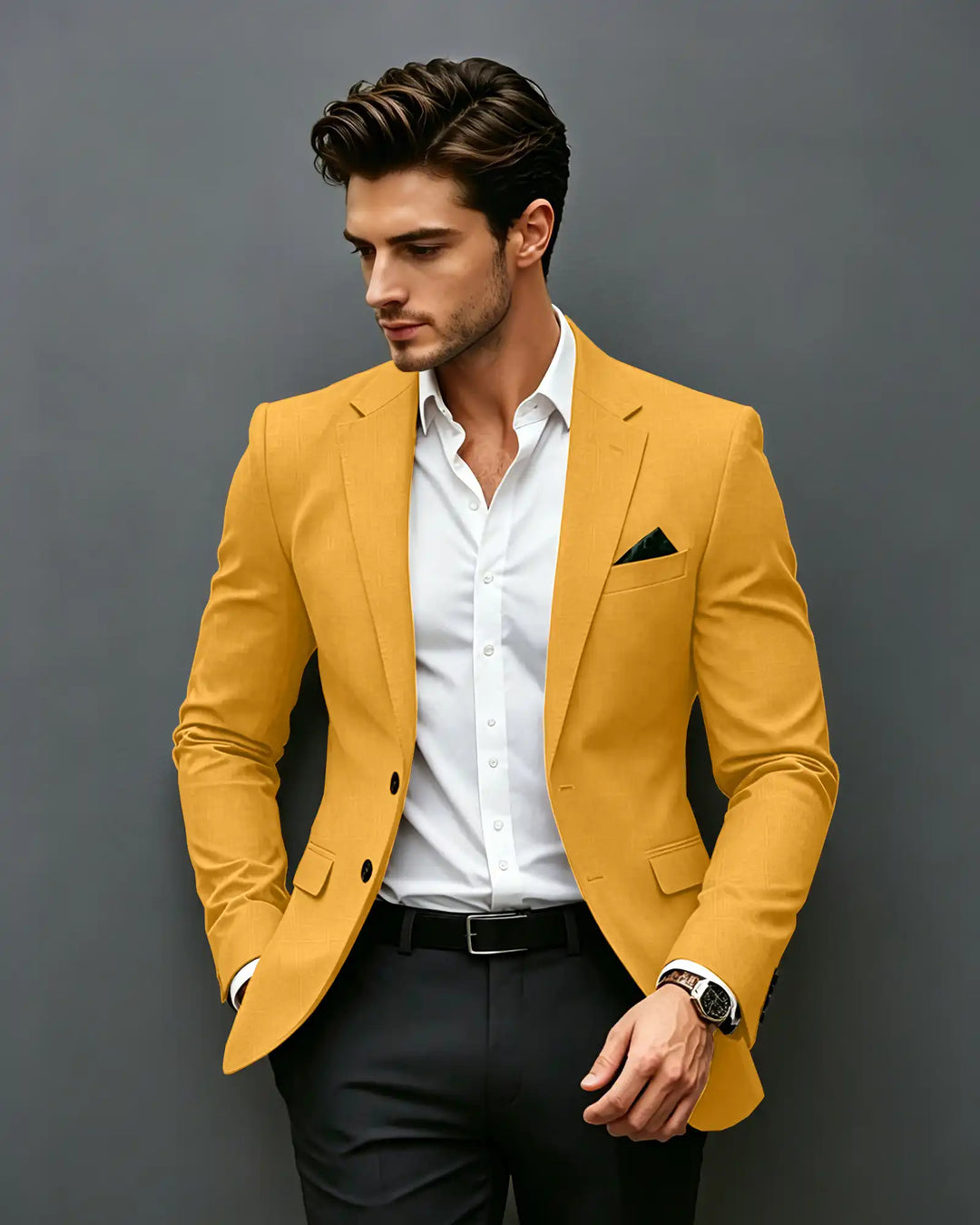Slim Fit Notch Lapel Single Breasted Blazer -Yellow -1
