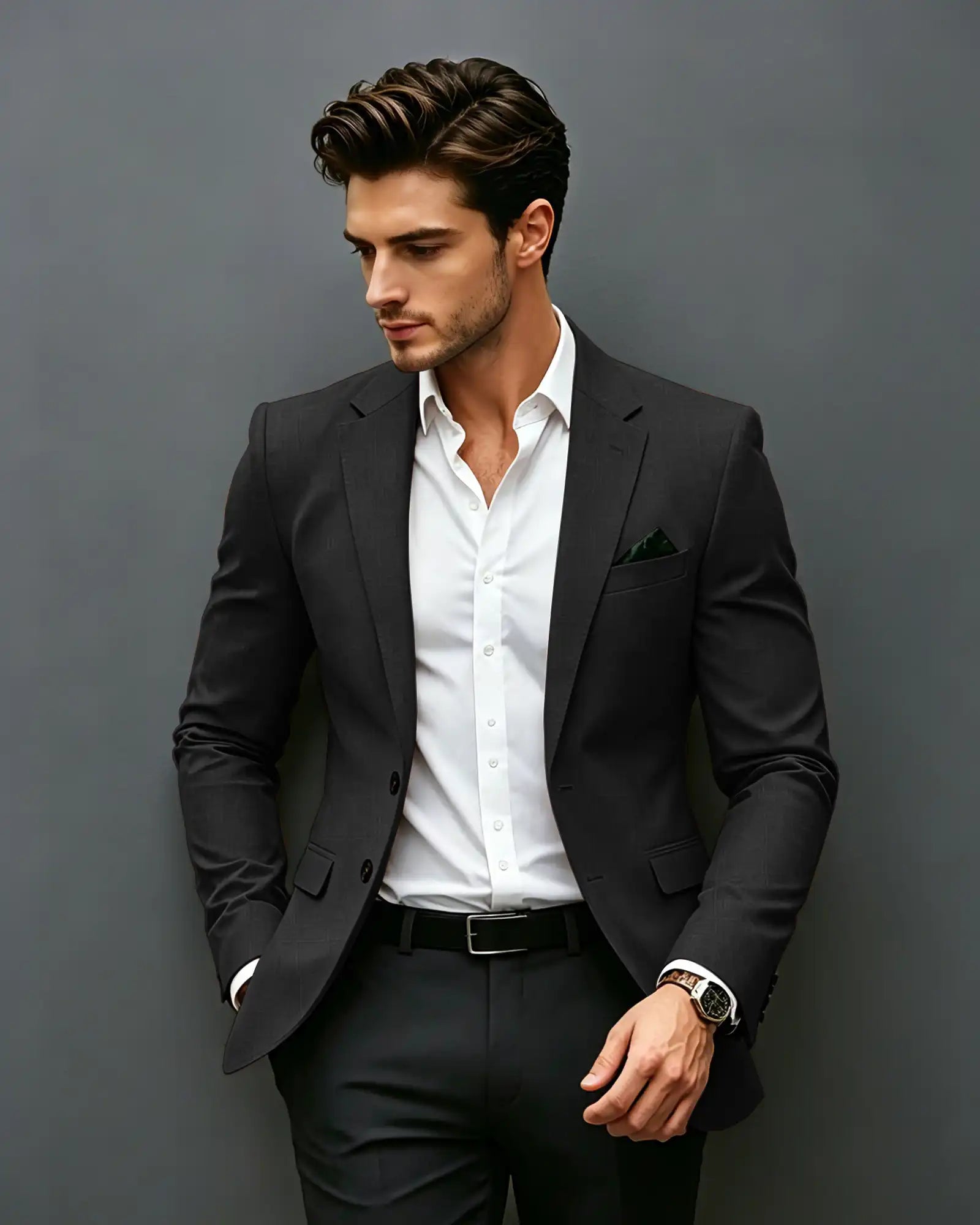 Slim Fit Notch Lapel Single Breasted Blazer -black -1

