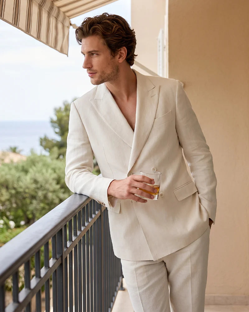 Linen Double Breasted Peak Lapel 2 Piece