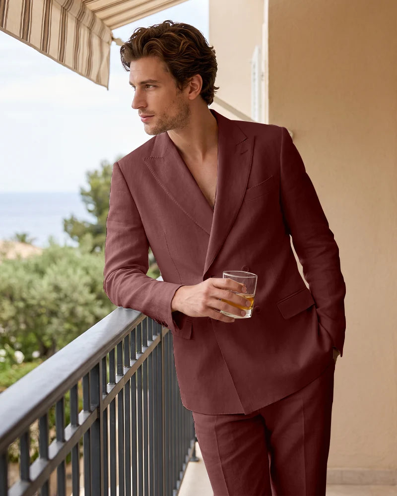 Linen Double Breasted Peak Lapel 2 Piece