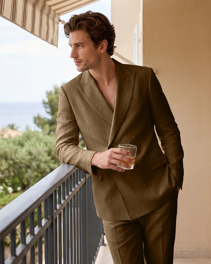 Linen Double Breasted Peak Lapel 2 Piece