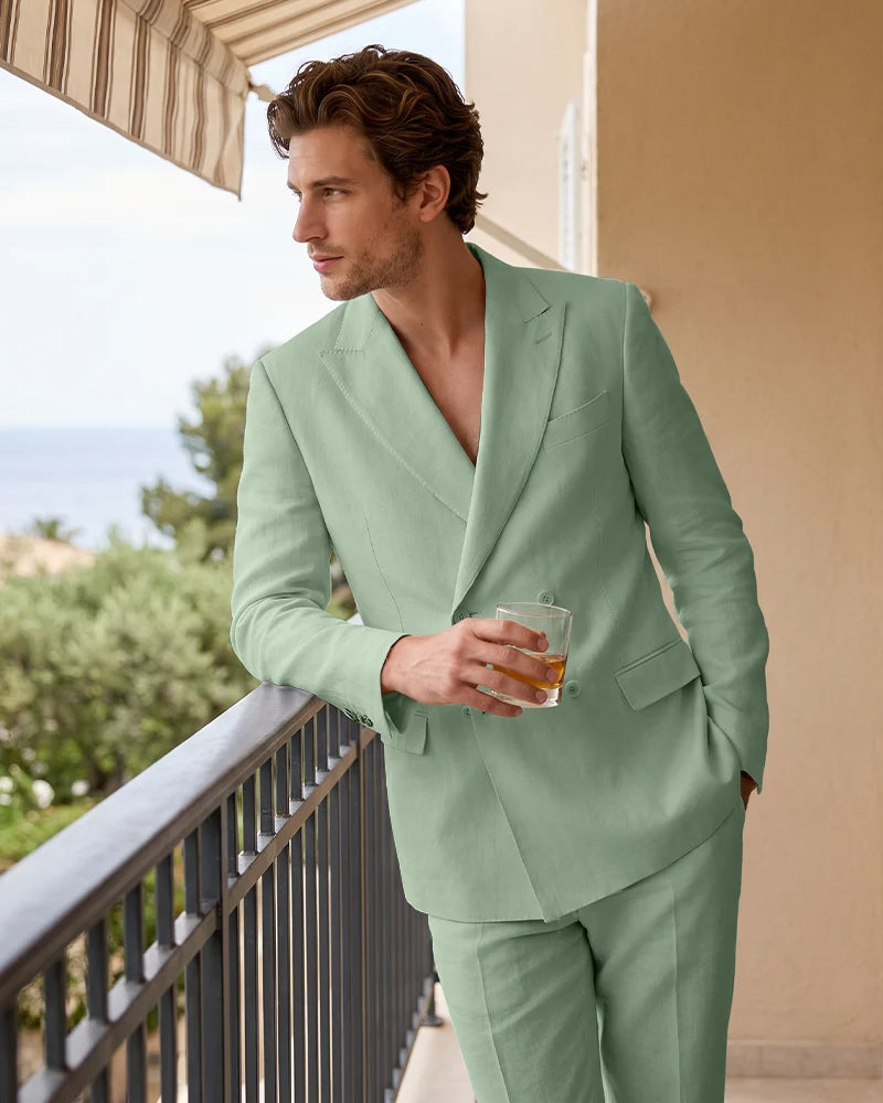 Linen Double Breasted Peak Lapel 2 Piece