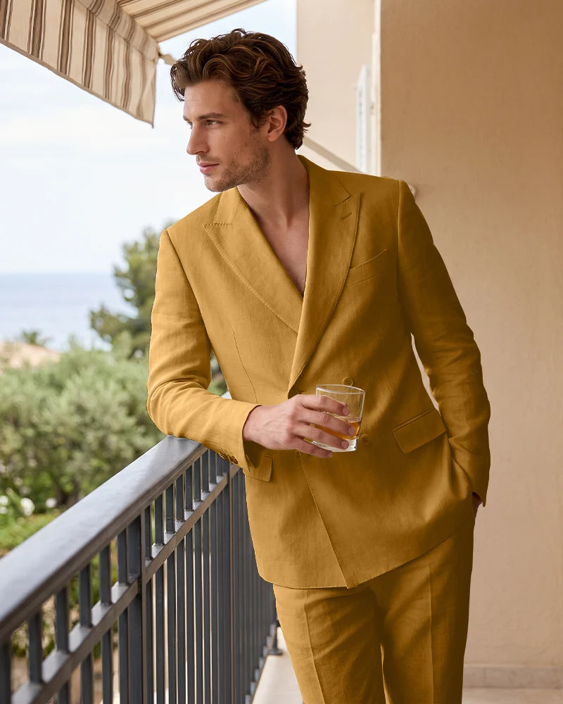 Linen Double Breasted Peak Lapel 2 Piece