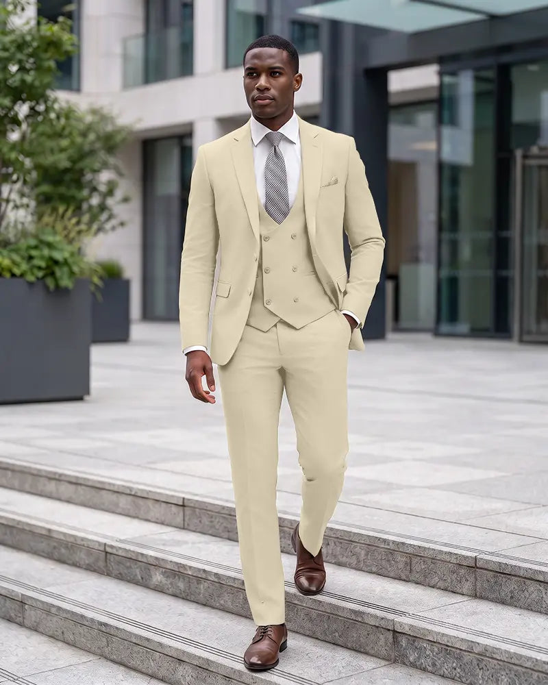 Notch Lapel 3 Piece Suit Double Breasted Waistcoat Jacket