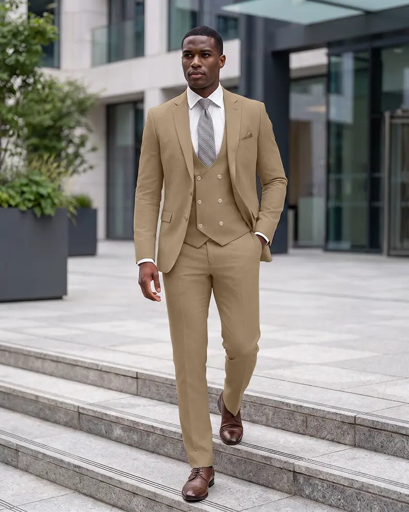 Notch Lapel 3 Piece Suit Double Breasted Waistcoat Jacket