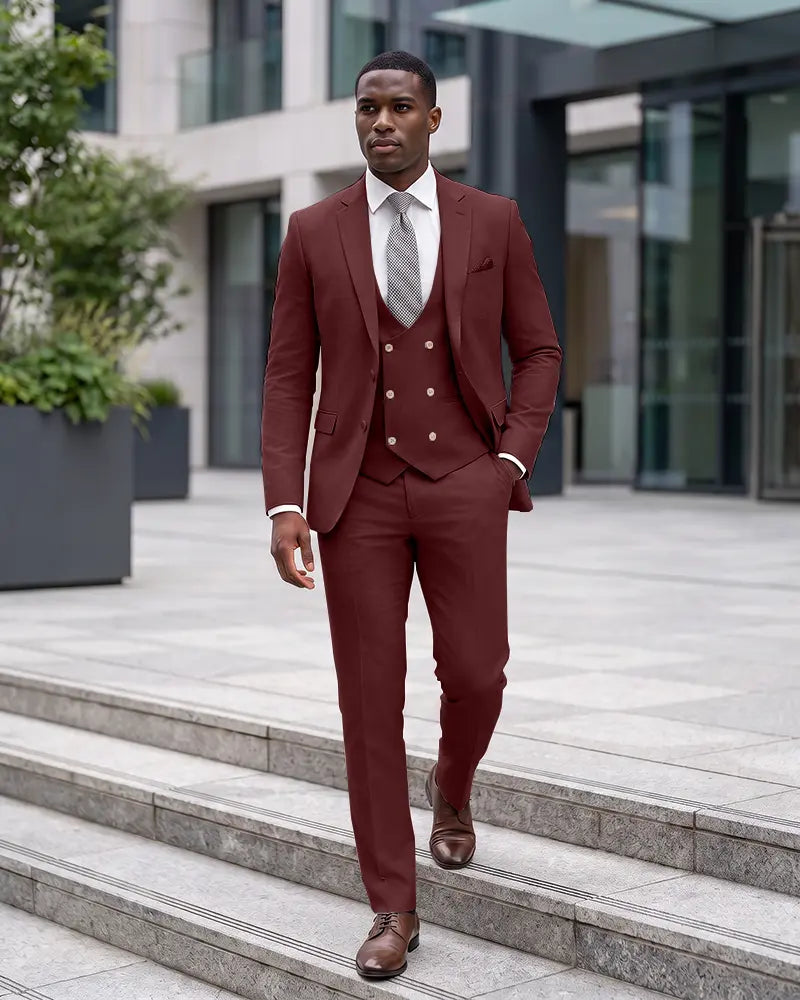 Notch Lapel 3 Piece Suit Double Breasted Waistcoat Jacket