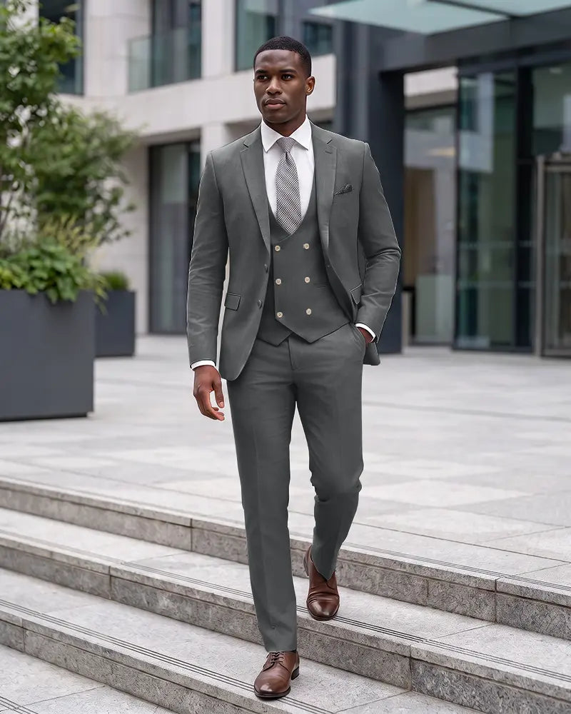 Notch Lapel 3 Piece Suit Double Breasted Waistcoat Jacket