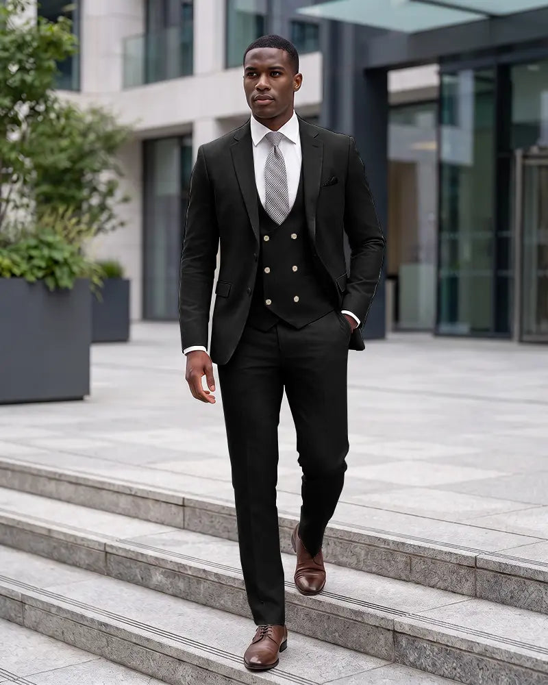 Notch Lapel 3 Piece Suit Double Breasted Waistcoat Jacket