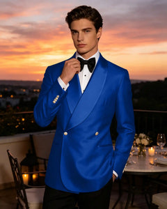 Slim Fit Shawl Lapel Double Breasted Gloss Blazer-Blue -1
