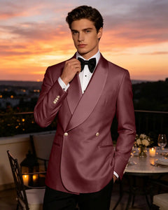 Slim Fit Shawl Lapel Double Breasted Gloss Blazer-Burgundy-1
