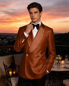 Slim Fit Shawl Lapel Double Breasted Gloss Blazer-Burnt Orange-1
