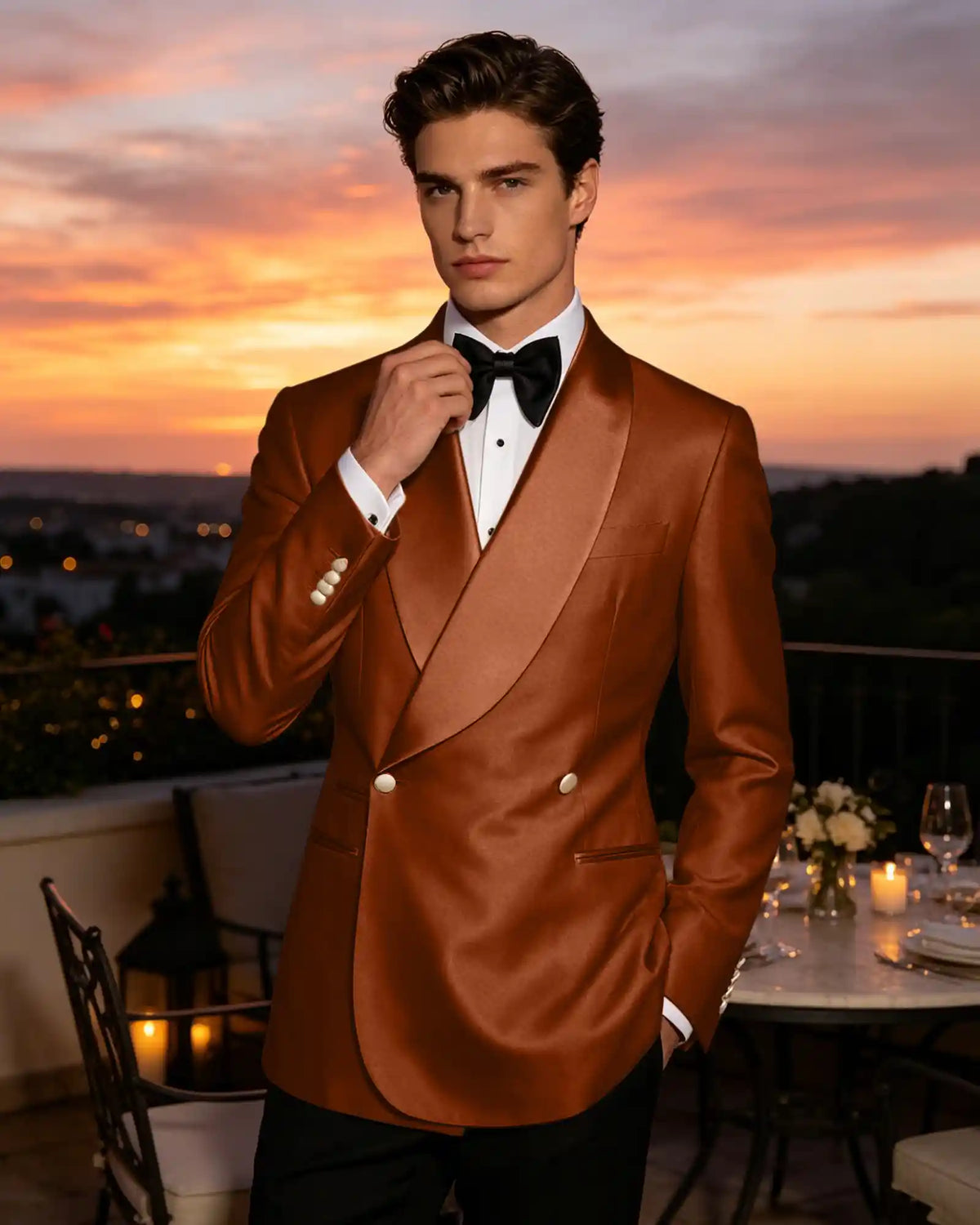 Slim Fit Shawl Lapel Double Breasted Gloss Blazer-Burnt Orange-1
