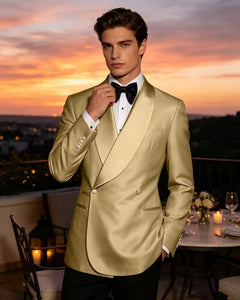 Slim Fit Shawl Lapel Double Breasted Gloss Blazer-Champagne-1
