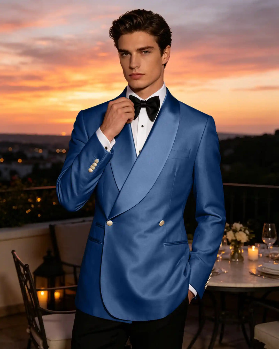 Slim Fit Shawl Lapel Double Breasted Gloss Blazer-Dark Navy-1
