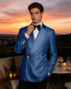 Slim Fit Shawl Lapel Double Breasted Gloss Blazer-Dark Navy-1

