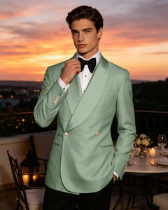 Slim Fit Shawl Lapel Double Breasted Gloss Blazer-Dusty Sage-1
