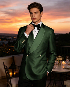 Slim Fit Shawl Lapel Double Breasted Gloss Blazer-Green-1

