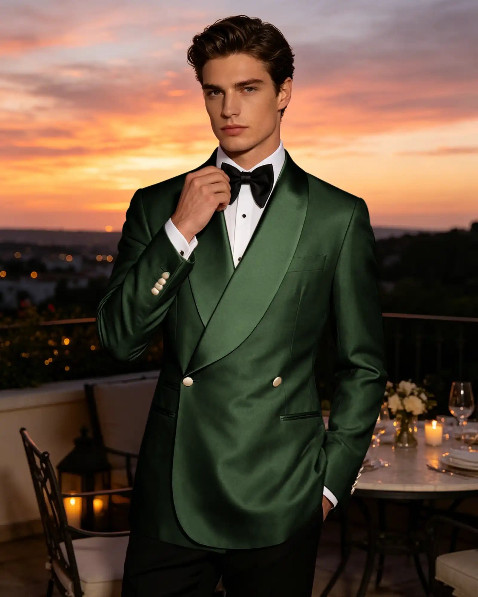 Slim Fit Shawl Lapel Double Breasted Gloss Blazer-Green-1
