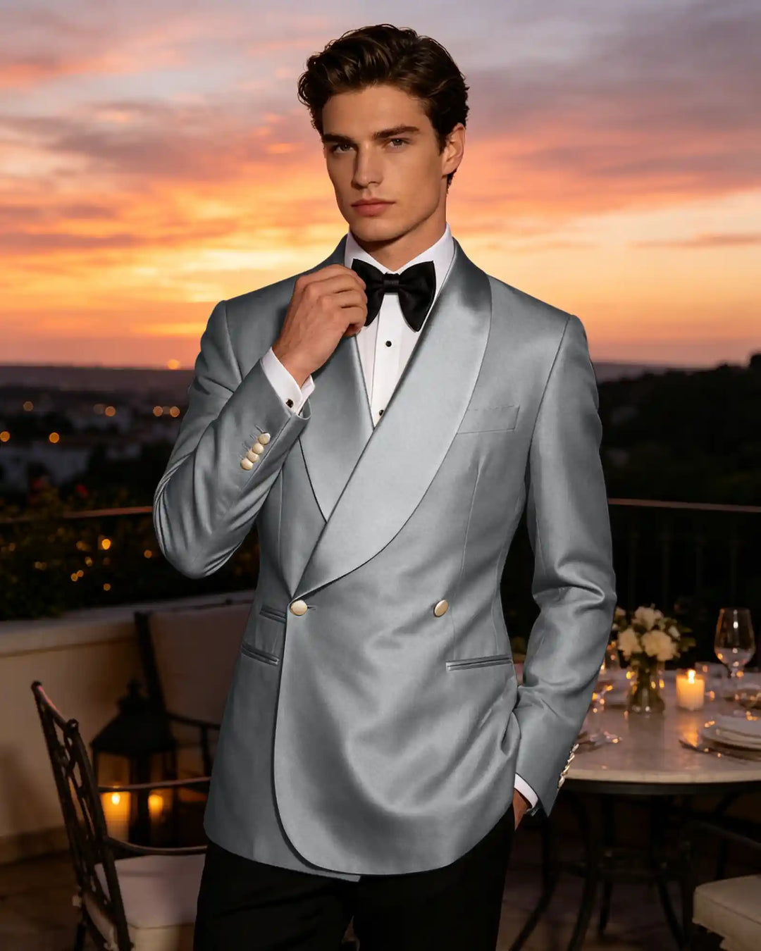 Slim Fit Shawl Lapel Double Breasted Gloss Blazer-Grey-1
