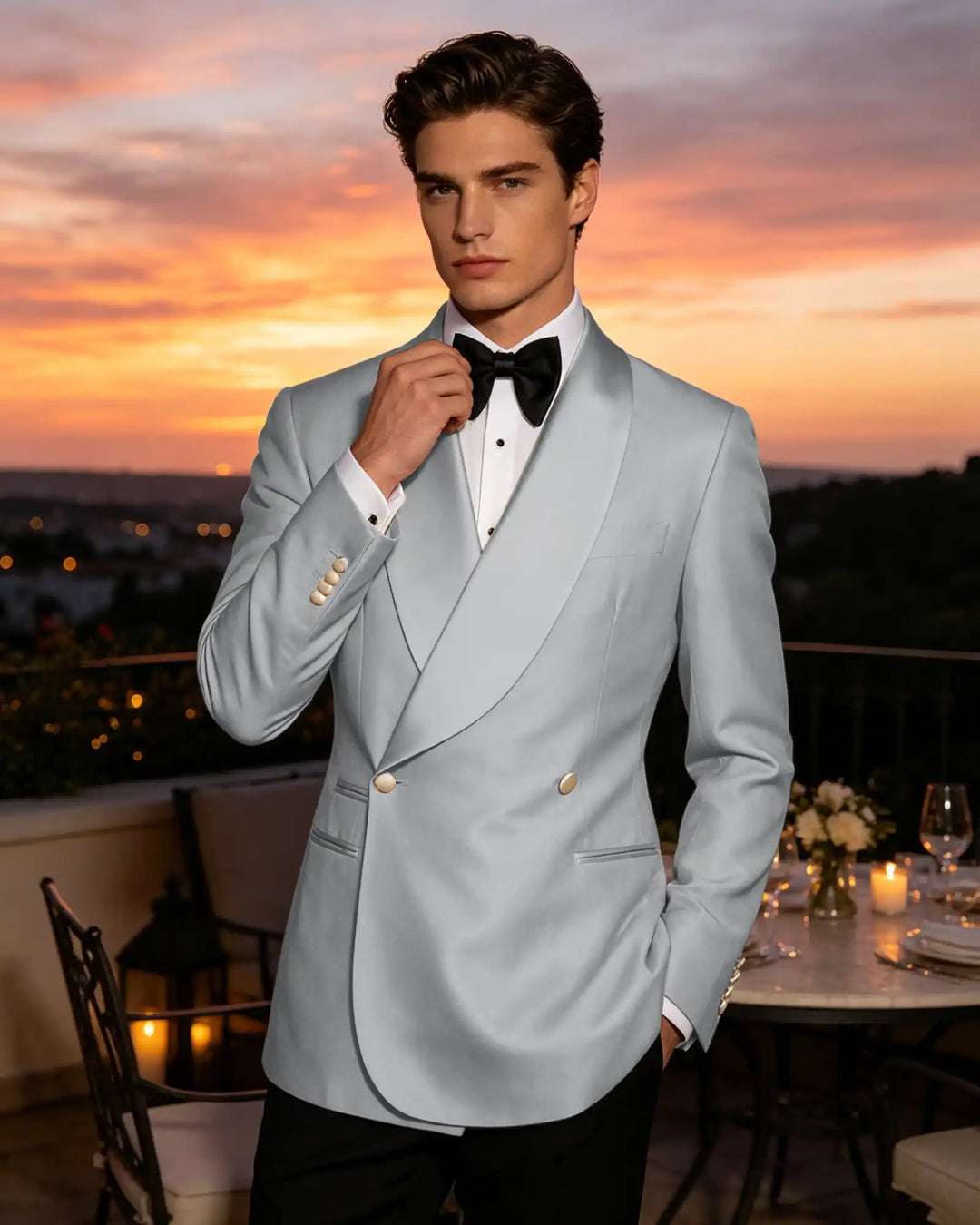Slim Fit Shawl Lapel Double Breasted Gloss Blazer-Light Grey-1
