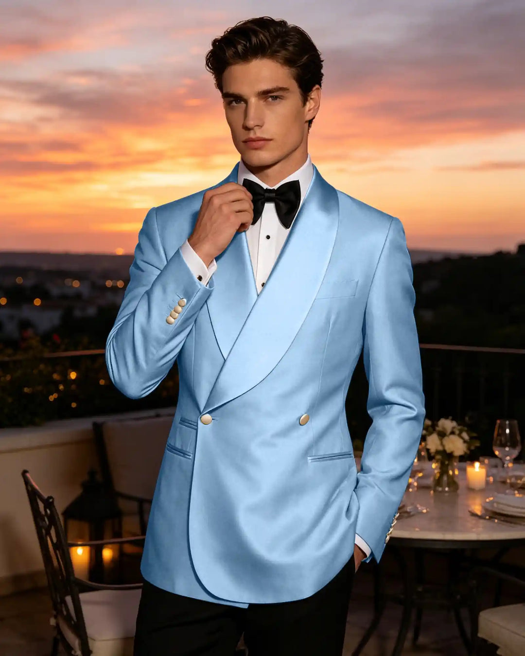 Slim Fit Shawl Lapel Double Breasted Gloss Blazer-Light Sky Blue-1
