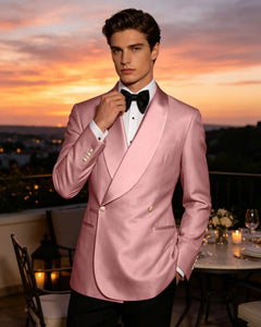 Slim Fit Shawl Lapel Double Breasted Gloss Blazer-Pink-1
