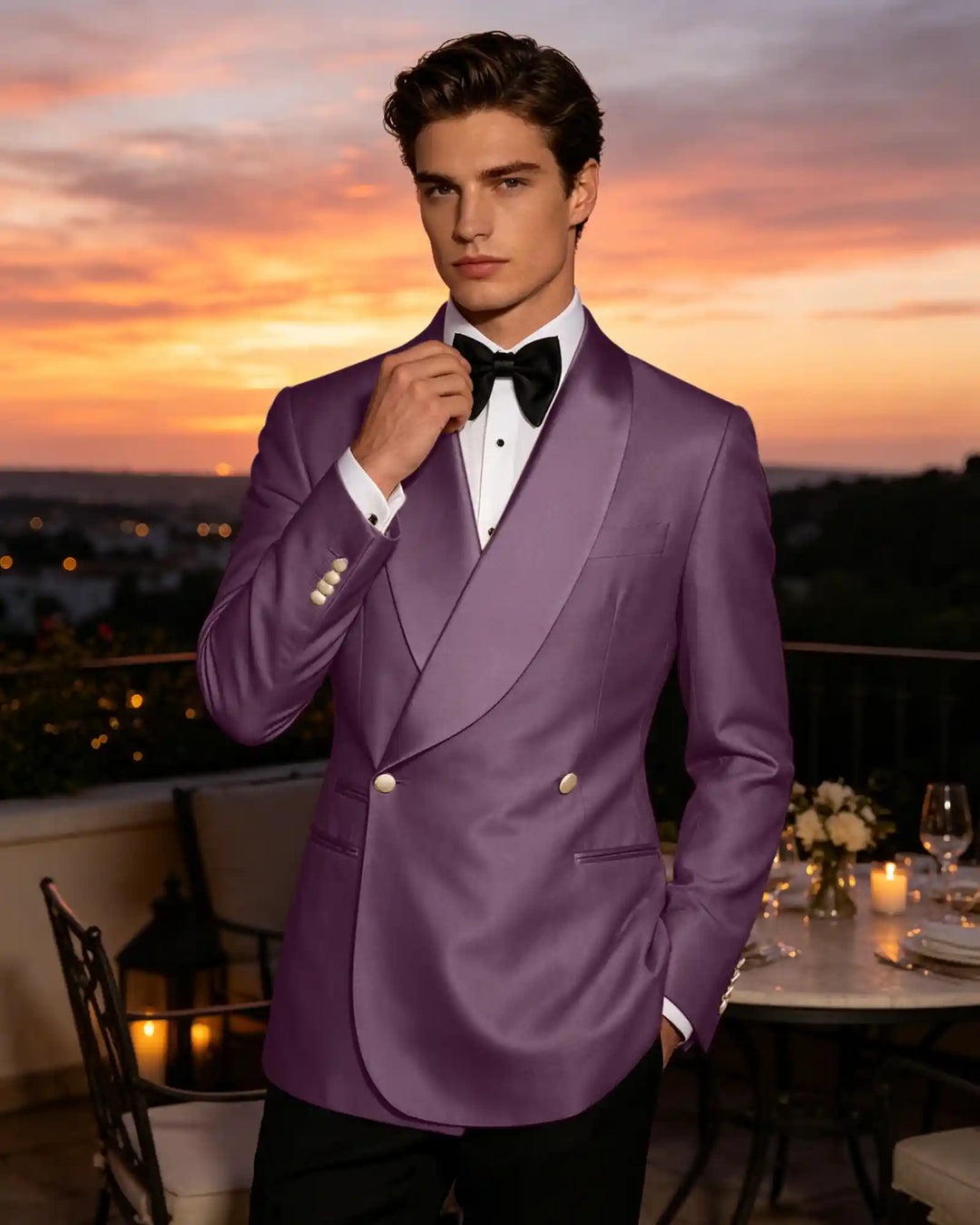 Slim Fit Shawl Lapel Double Breasted Gloss Blazer-Purple-1
