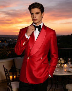 Slim Fit Shawl Lapel Double Breasted Gloss Blazer-Red-1
