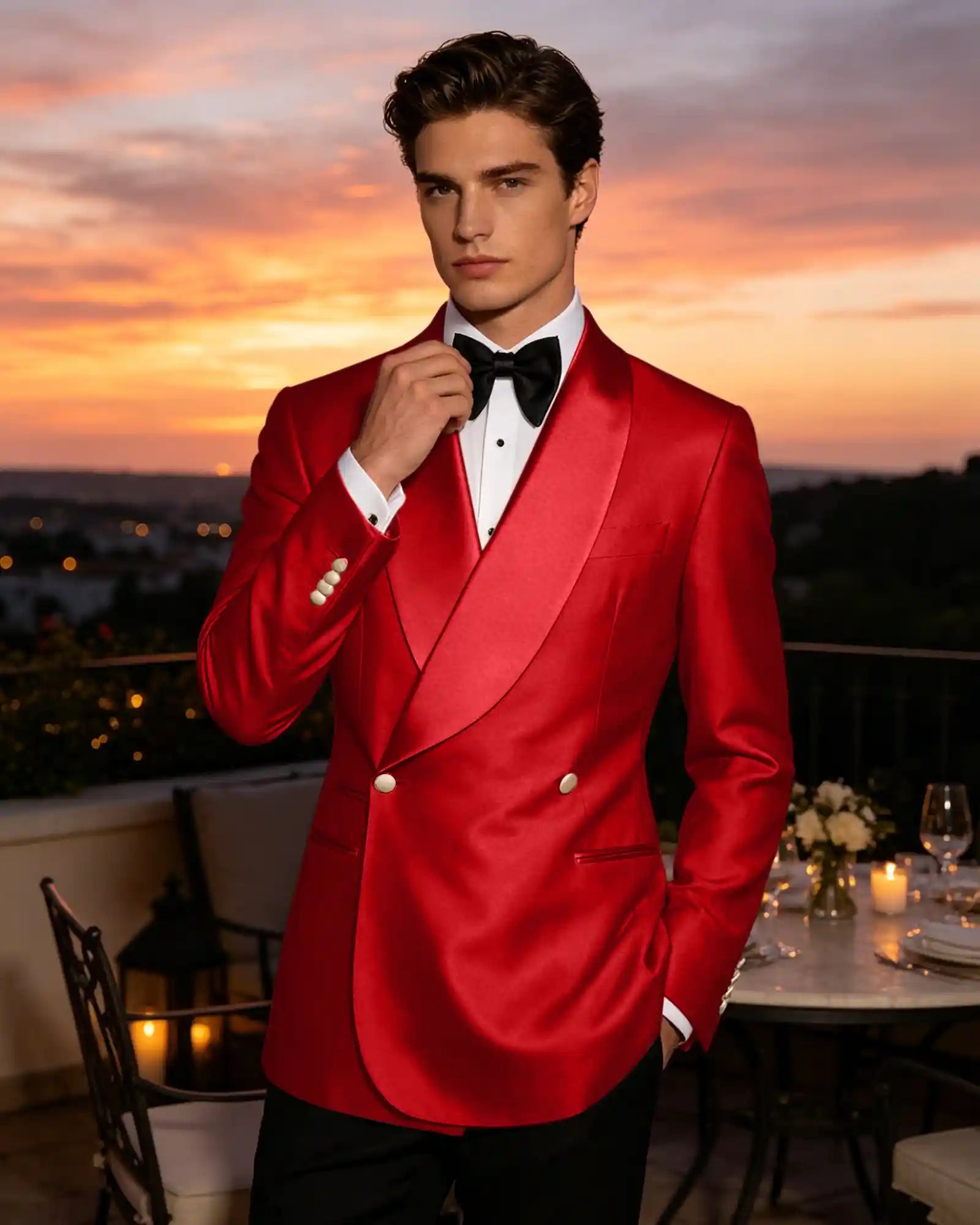 Slim Fit Shawl Lapel Double Breasted Gloss Blazer-Red-1
