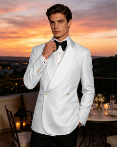 Slim Fit Shawl Lapel Double Breasted Gloss Blazer-White-1
