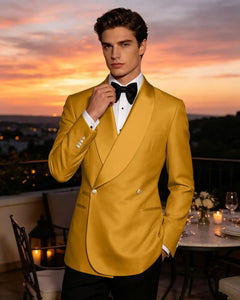 Slim Fit Shawl Lapel Double Breasted Gloss Blazer-Yellow-1
