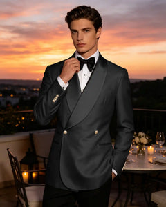 Slim Fit Shawl Lapel Double Breasted Gloss Blazer-black-1
