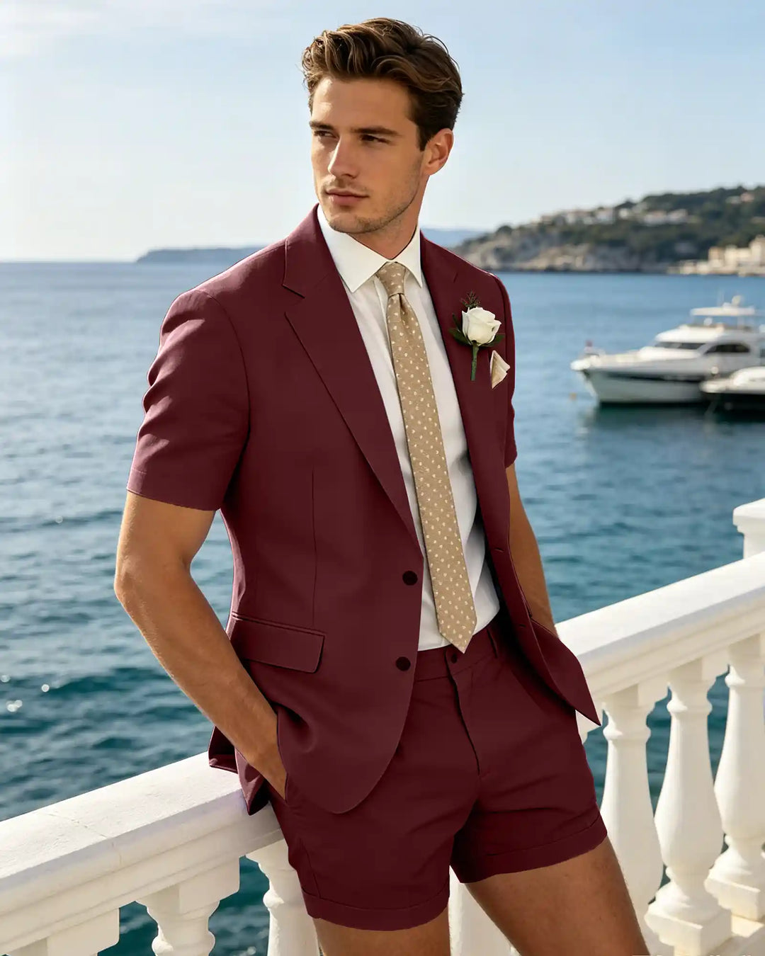 Notch Lapel 2 Piece Short Sleeve Summer Suit-Burgundy-1
