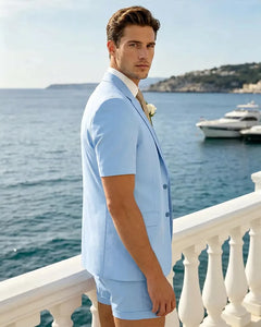 Notch Lapel 2 Piece Short Sleeve Summer Suit-Light Sky Blue-2