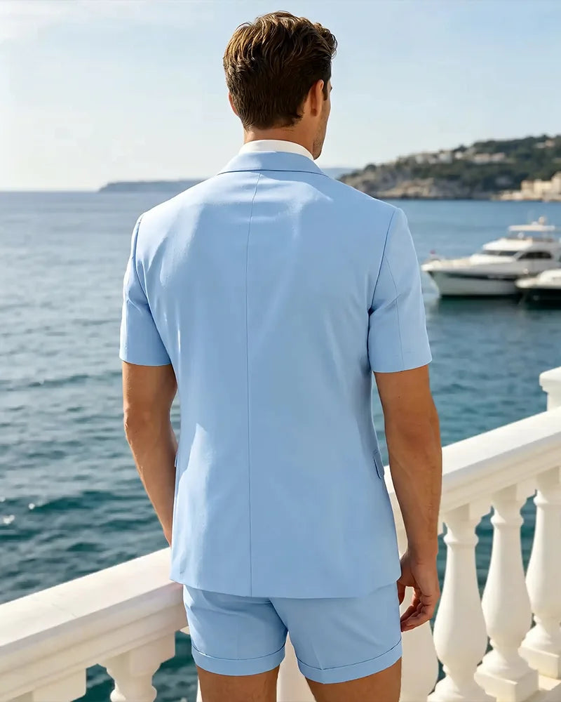 Notch Lapel 2 Piece Short Sleeve Summer Suit-Light Sky Blue-3