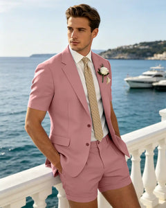 2 Piece Slim Fit Blazer And Shorts Flap Pocket Short Sleeve Suit Set -Pink -1
