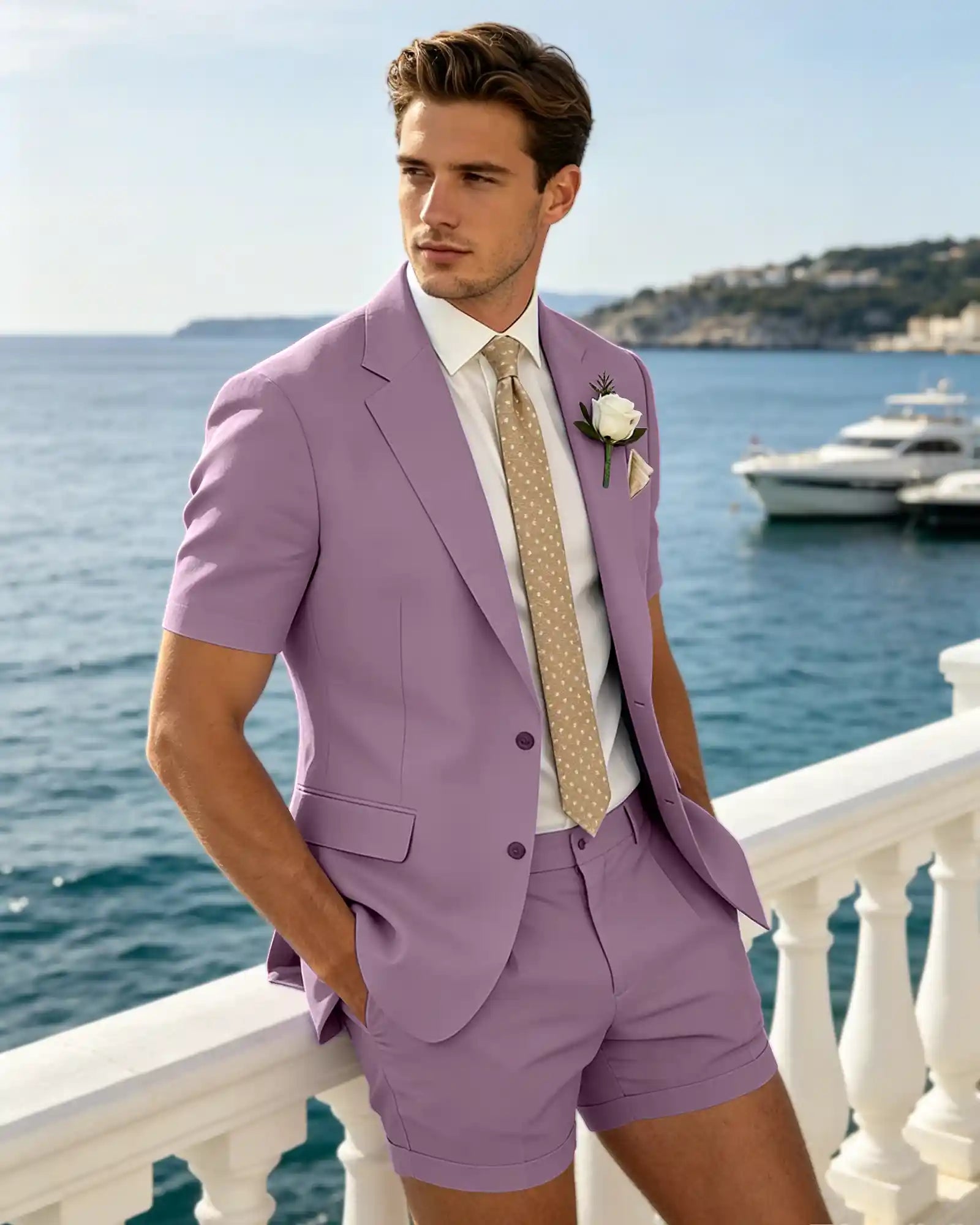 2 Piece Slim Fit Blazer And Shorts Flap Pocket Short Sleeve Suit Set -Purple -1
