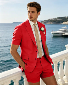 2 Piece Slim Fit Blazer And Shorts Flap Pocket Short Sleeve Suit Set -Red -1
